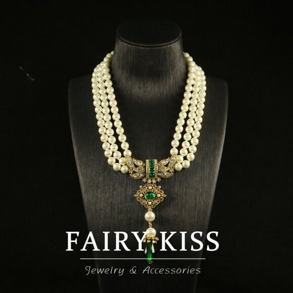 Heavy Green Gemstone & Pearl Sweater Chain - Picture 1 of 4